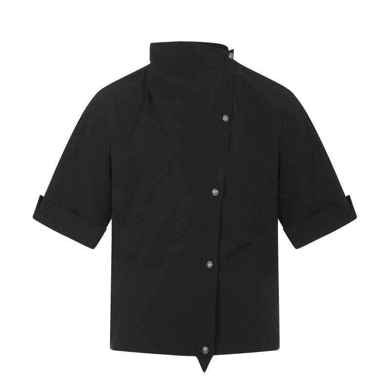 Black asymmetrical stand-collar cotton shirt with rolled short sleeves and button-front streetwear silhouette