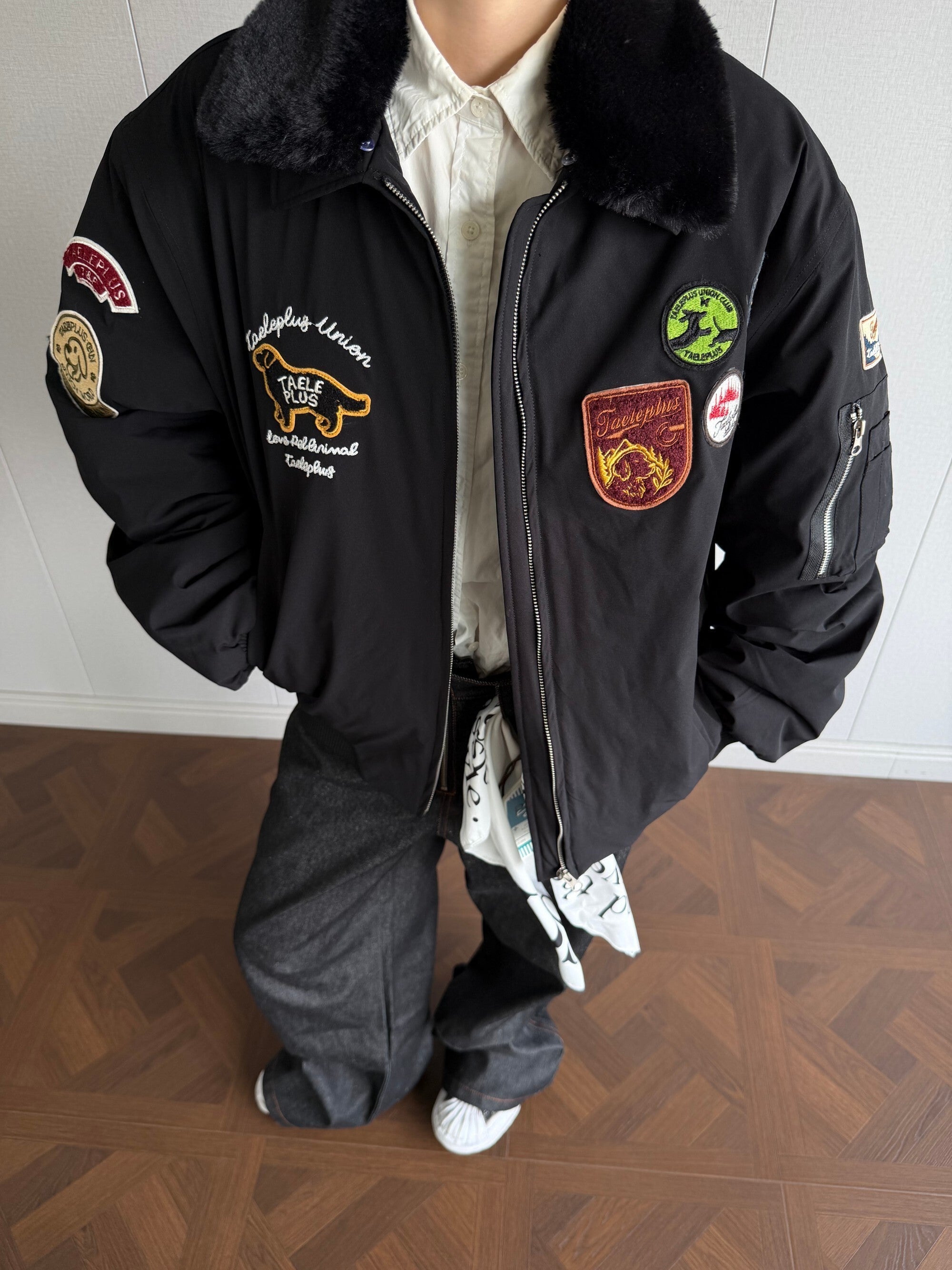 Taele Plus Aviation Patch Bomber Jacket with Fur Collar
