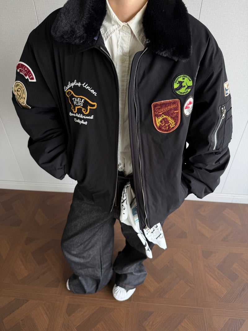 Taele Plus Aviation Patch Bomber Jacket with Fur Collar