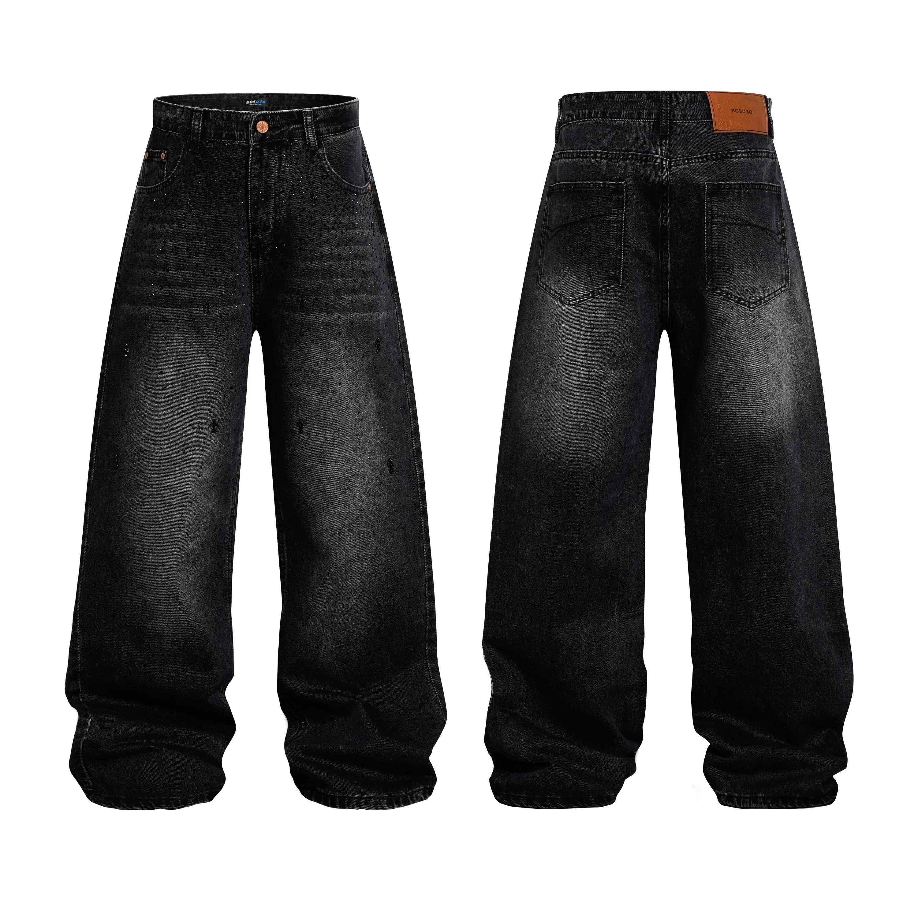 Stardust Wide-Leg Jeans | Rhinestone Washed Denim