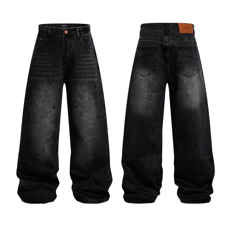 Black wide-leg jeans with rhinestone detailing, front and back views