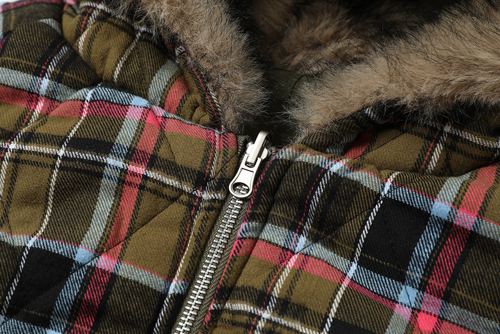 Reversible Plaid Faux Fur Hooded Bomber Jacket | Military Green