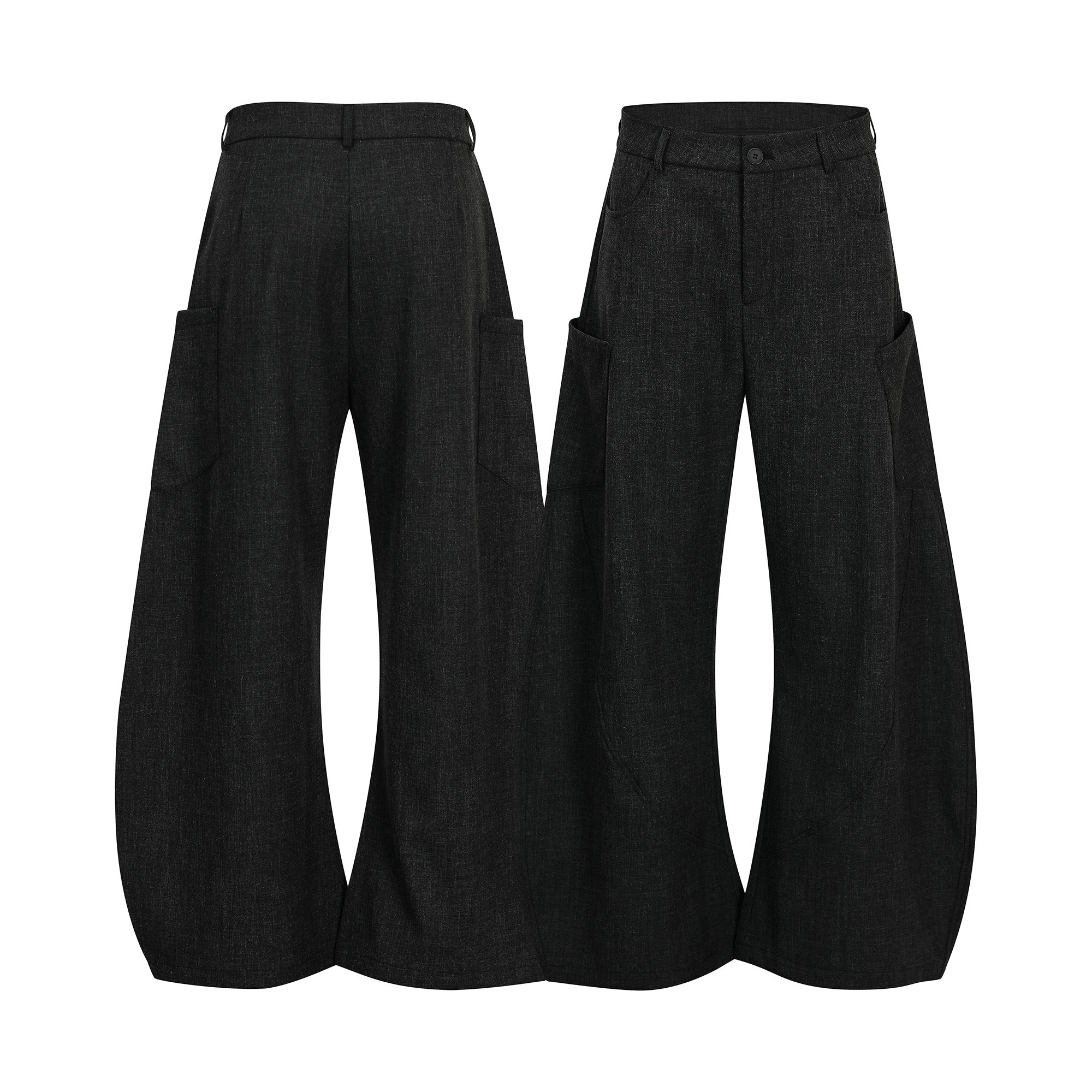 Front and back view of black wide-leg cargo pants with large side patch pockets and structured waistband