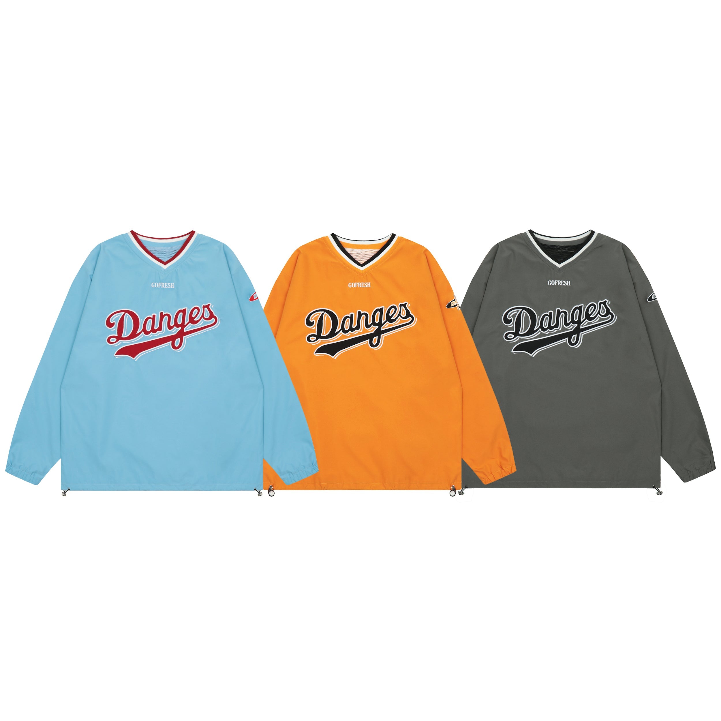 Sky blue GOFRESH Danges varsity windbreaker pullover with red script chest graphic and striped V-neck collar