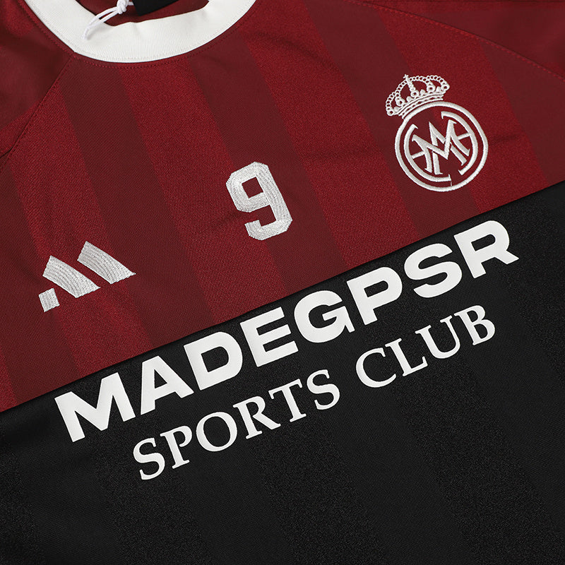 Maroon football jersey with white collar, number 9, club crest, and MADEGPSR SPORTS CLUB branding