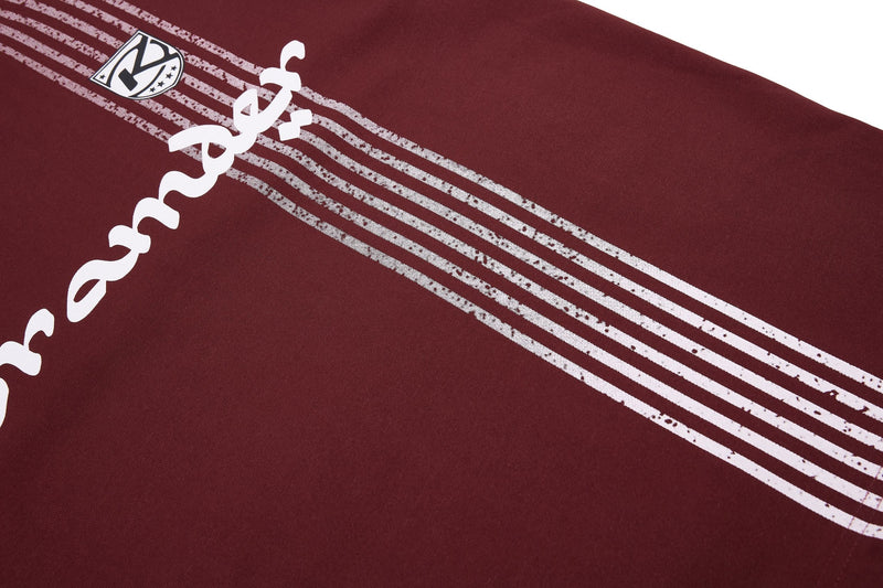 Maroon graphic sport tee with white diagonal stripe design and logo print on the chest