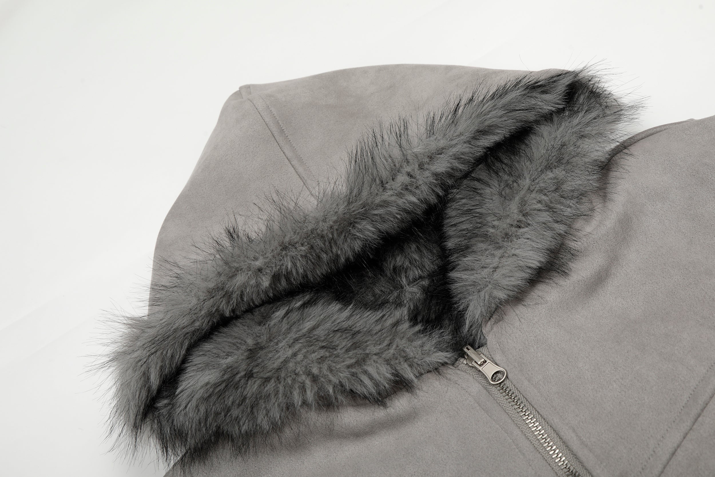 Reversible Faux Fur & Suede Hooded Bomber Jacket