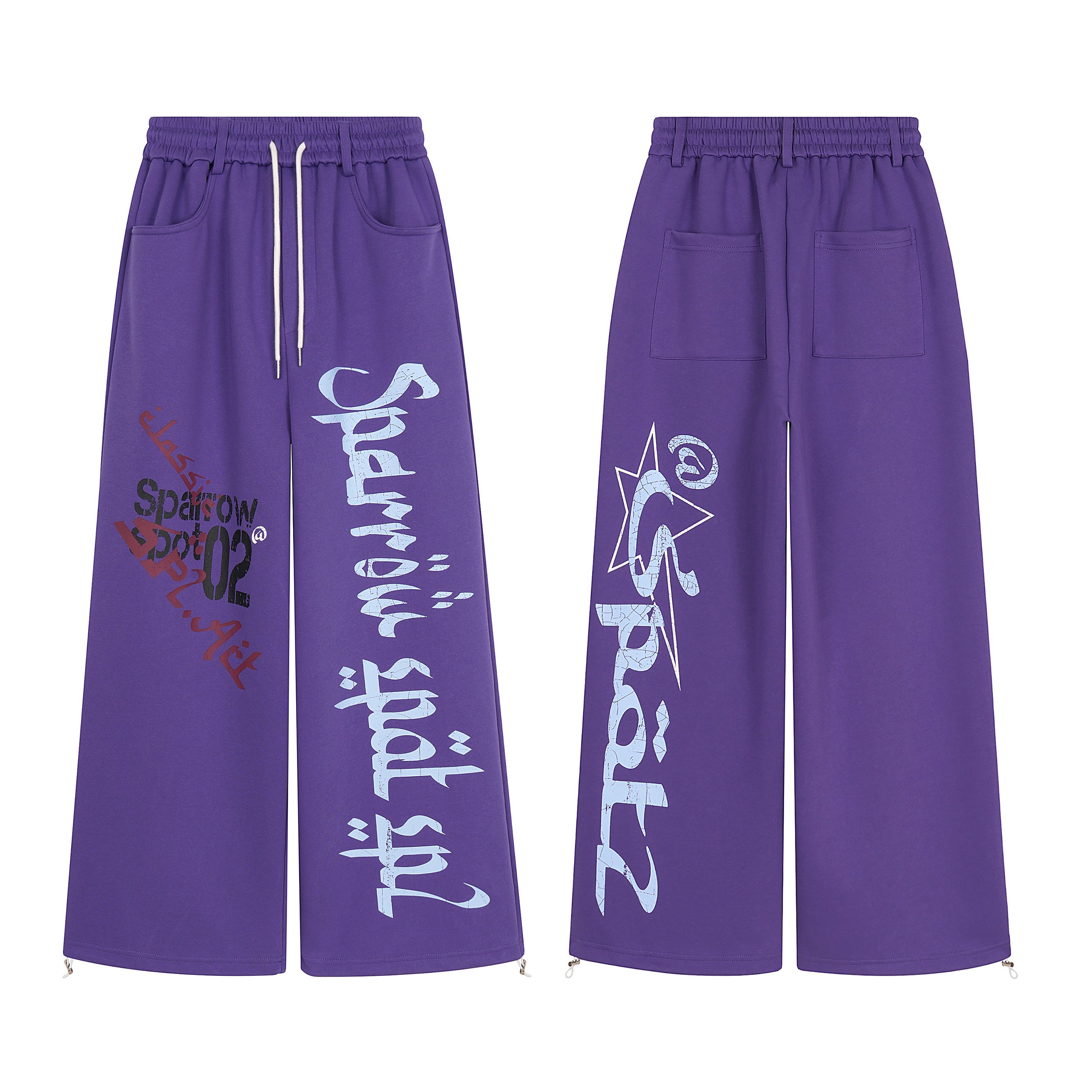 Purple wide-leg sweatpants with graffiti script print on both legs, front and back view on white background
