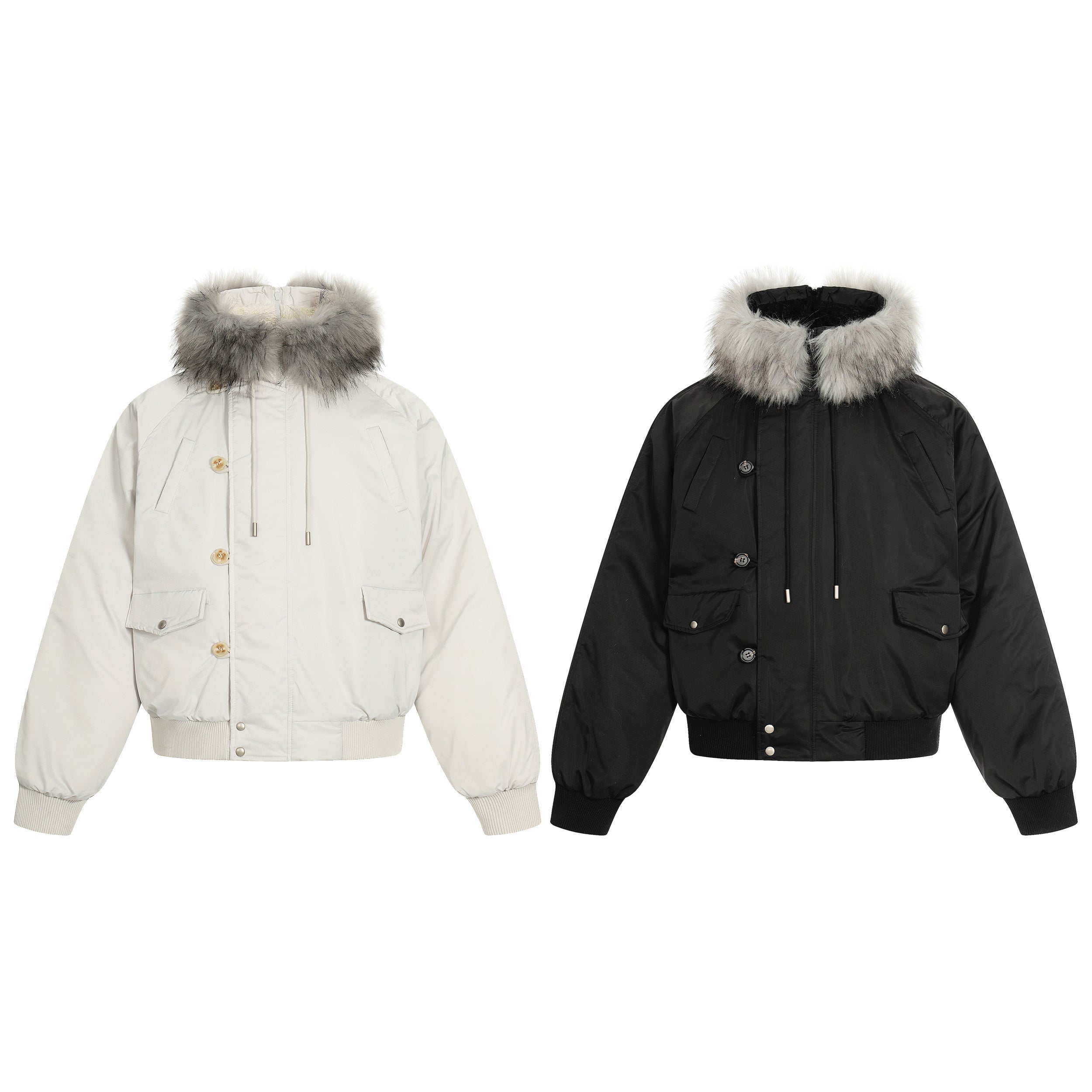 Off-white and black cropped padded bomber jackets with detachable grey faux fur hood trim, ribbed cuffs, and flap pockets