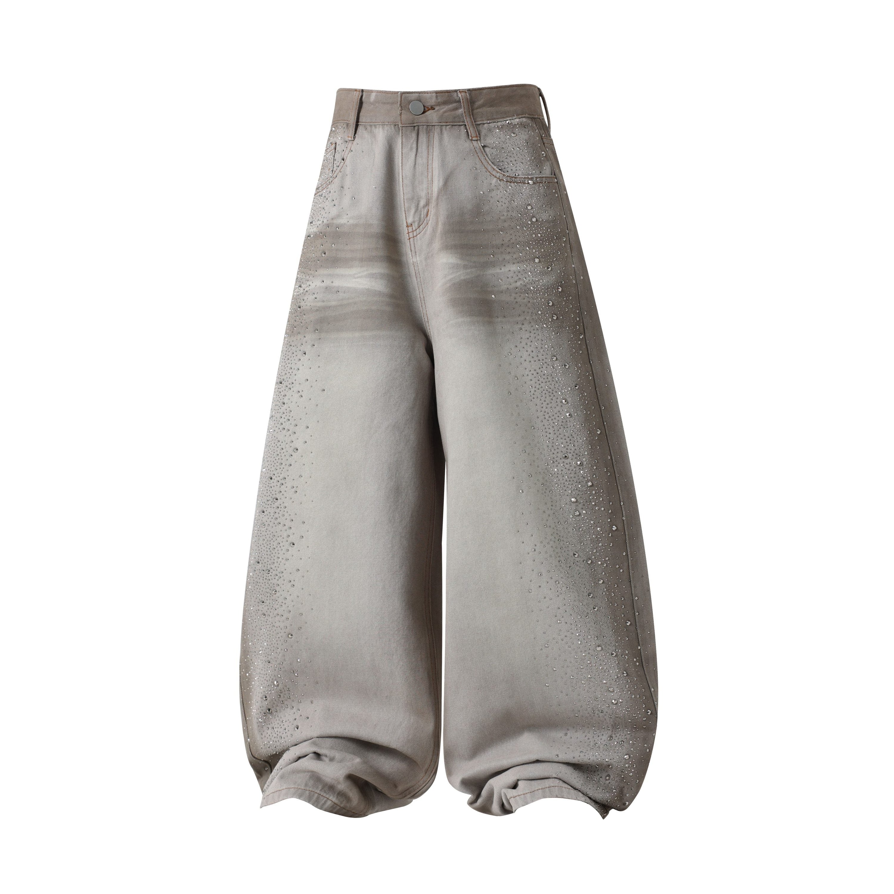 Washed Balloon Fit Denim Pants with Rhinestone Detail