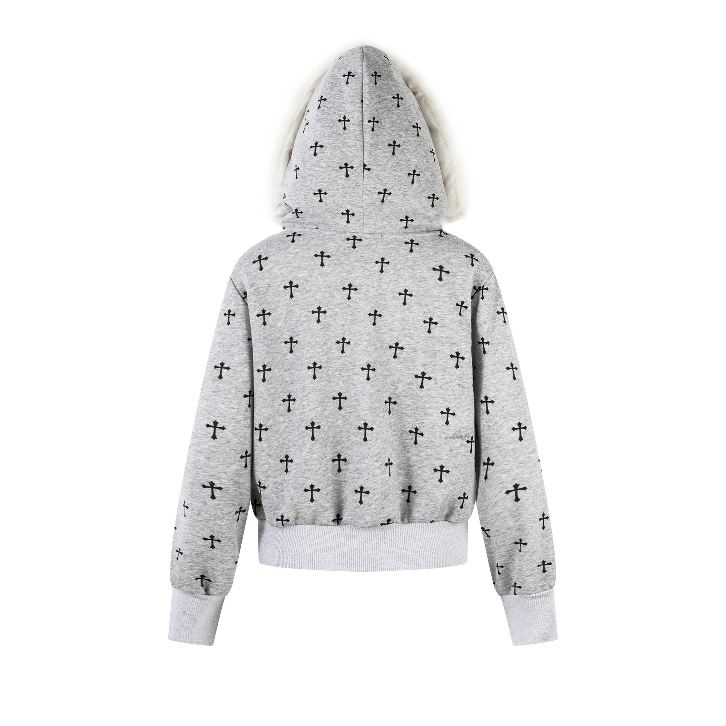 Gothic Cross Print Faux Fur Hooded Bomber Jacket