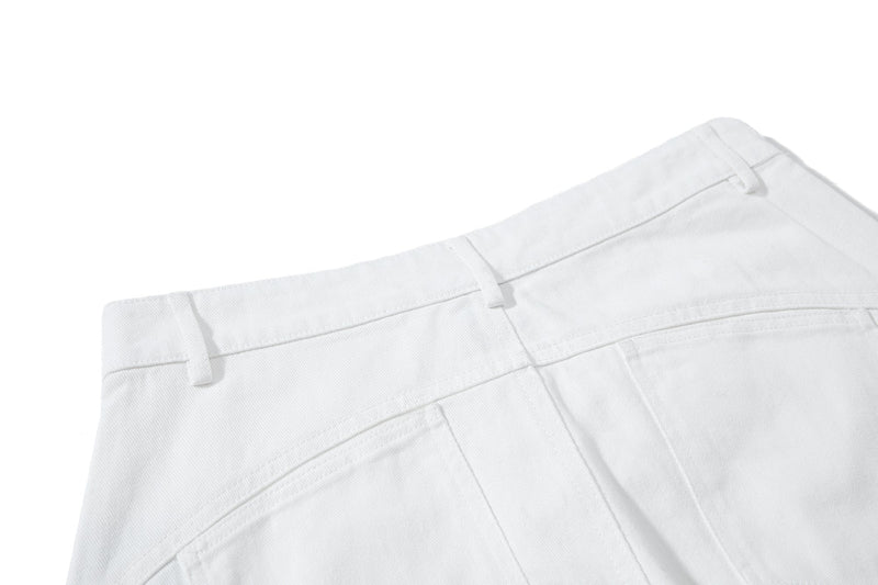 Close-up of white back waistband and belt loops on wide-leg pants