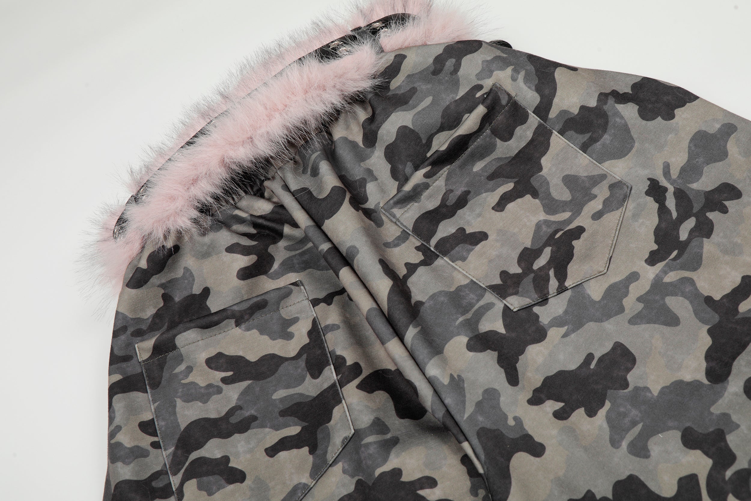 Camo Wide-Leg Pants with Pink Faux Fur Trim & Studded Belt