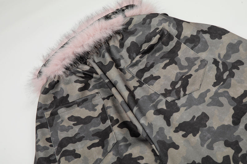 Camo Wide-Leg Pants with Pink Faux Fur Trim & Studded Belt