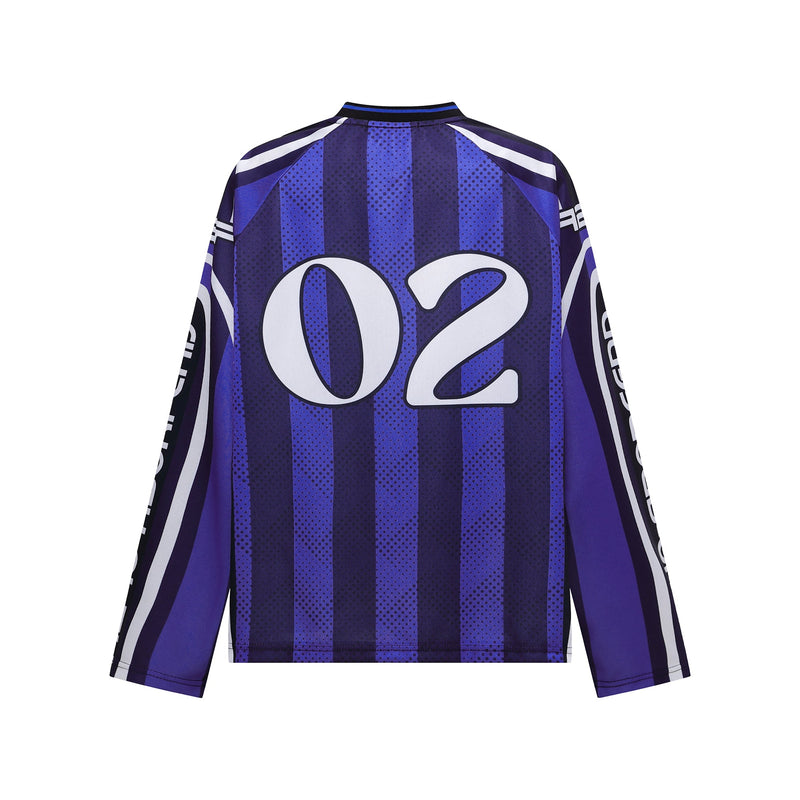 Blue and purple striped jersey top shown from the back with large 02 graphic