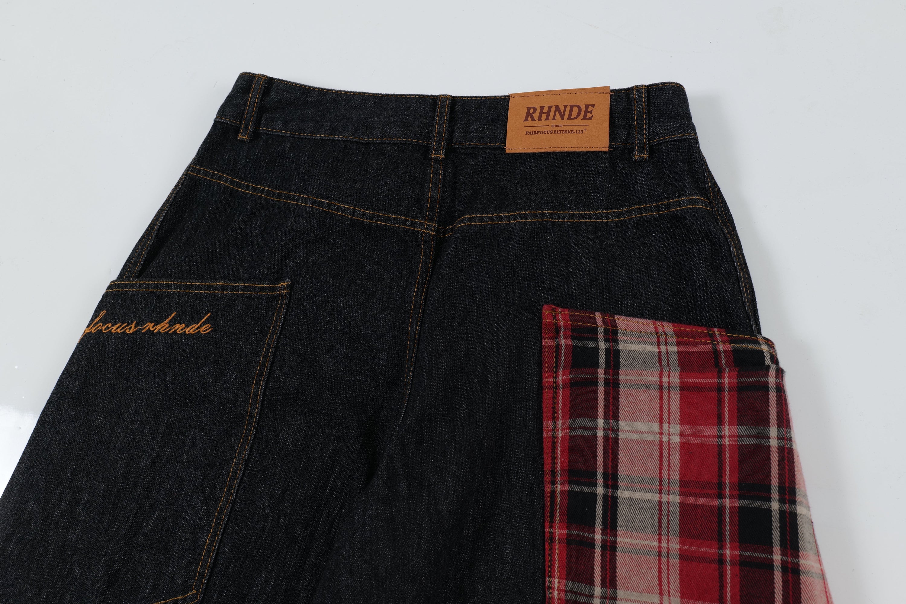 Red Plaid Patch Curved Wide-Leg Denim Jeans | Dark Indigo