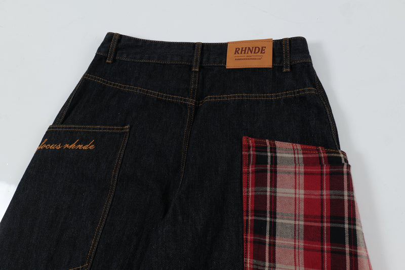 Red Plaid Patch Curved Wide-Leg Denim Jeans | Dark Indigo