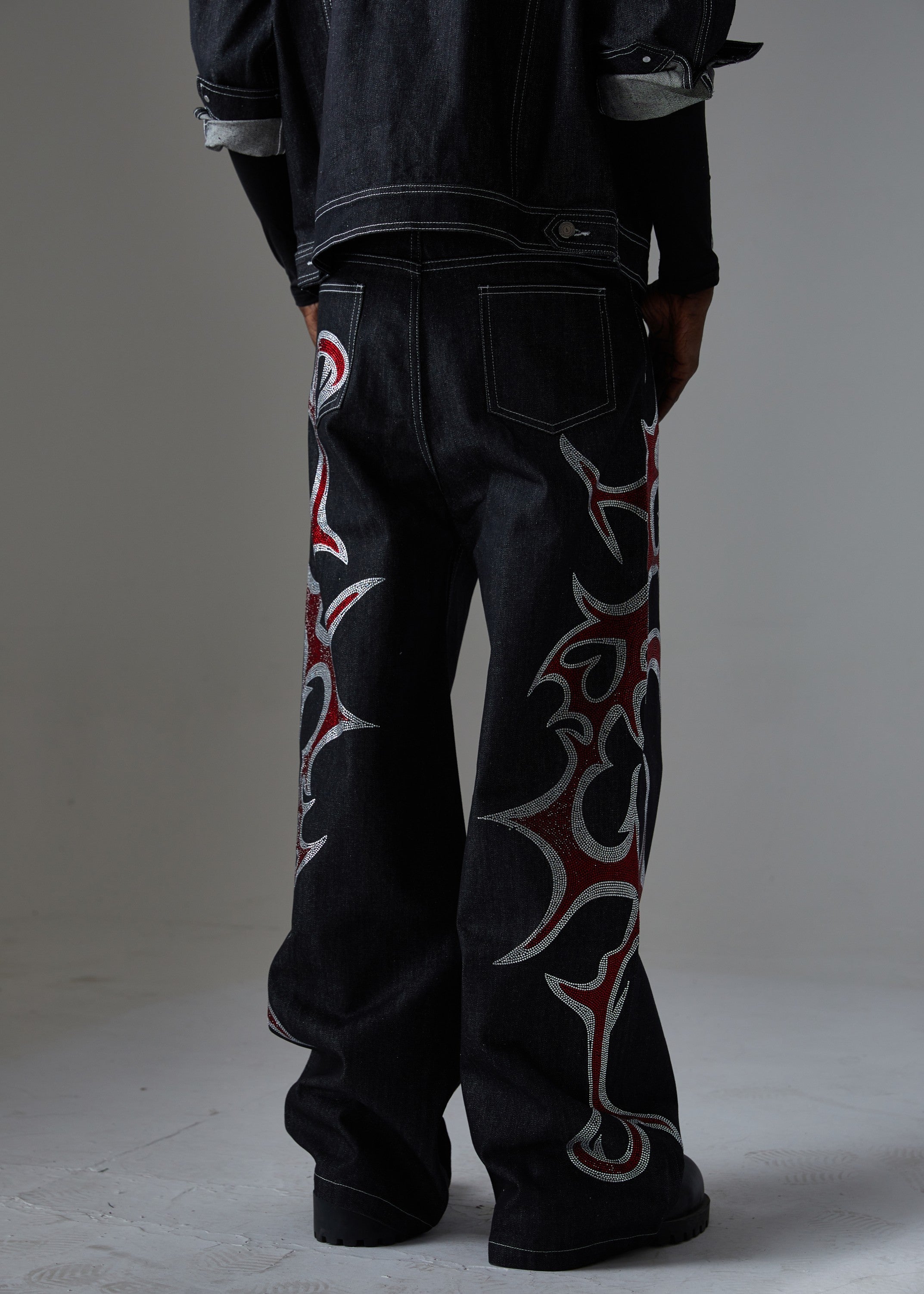 Omirad Tribal Flame Rhinestone Wide-Leg Denim Pants