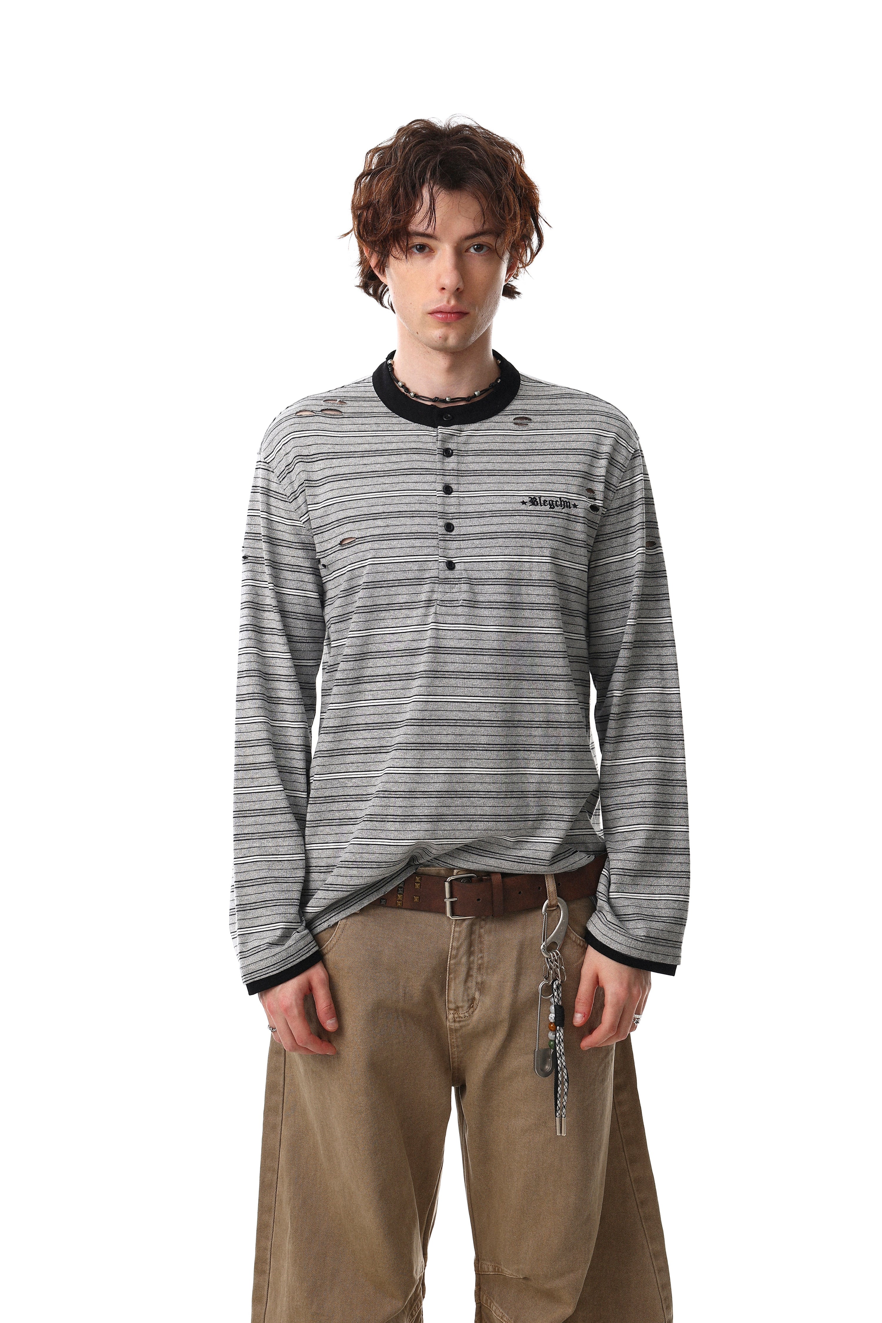 Men's Striped Henley Long Sleeve Tee | Distressed Streetwear