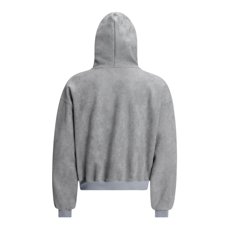 Light gray suede hoodie shown from the back with plain hood and ribbed hem and cuffs