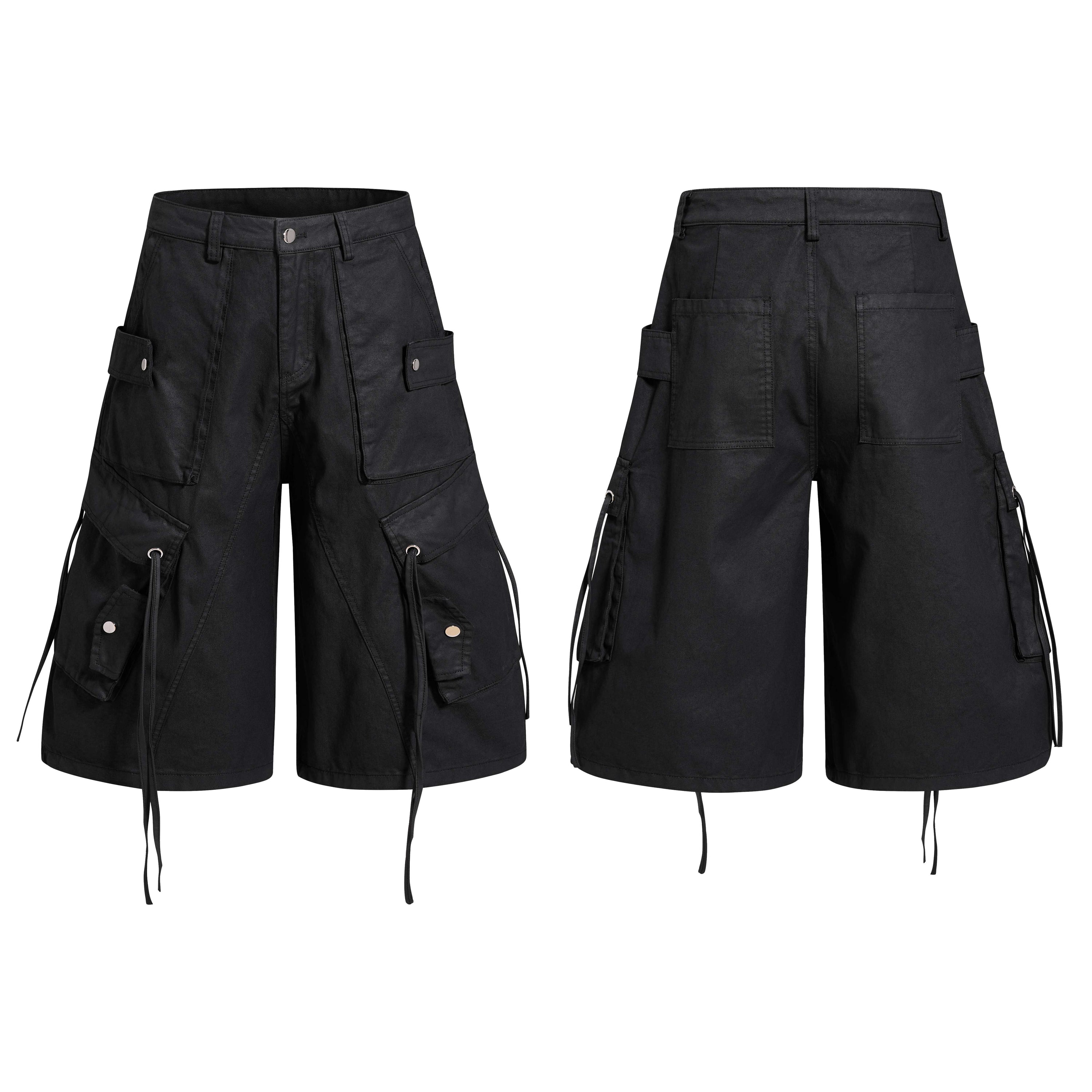 Black oversized wide-leg cargo shorts with multi-pocket design, flap pockets, metal hardware, and extended strap details, sho