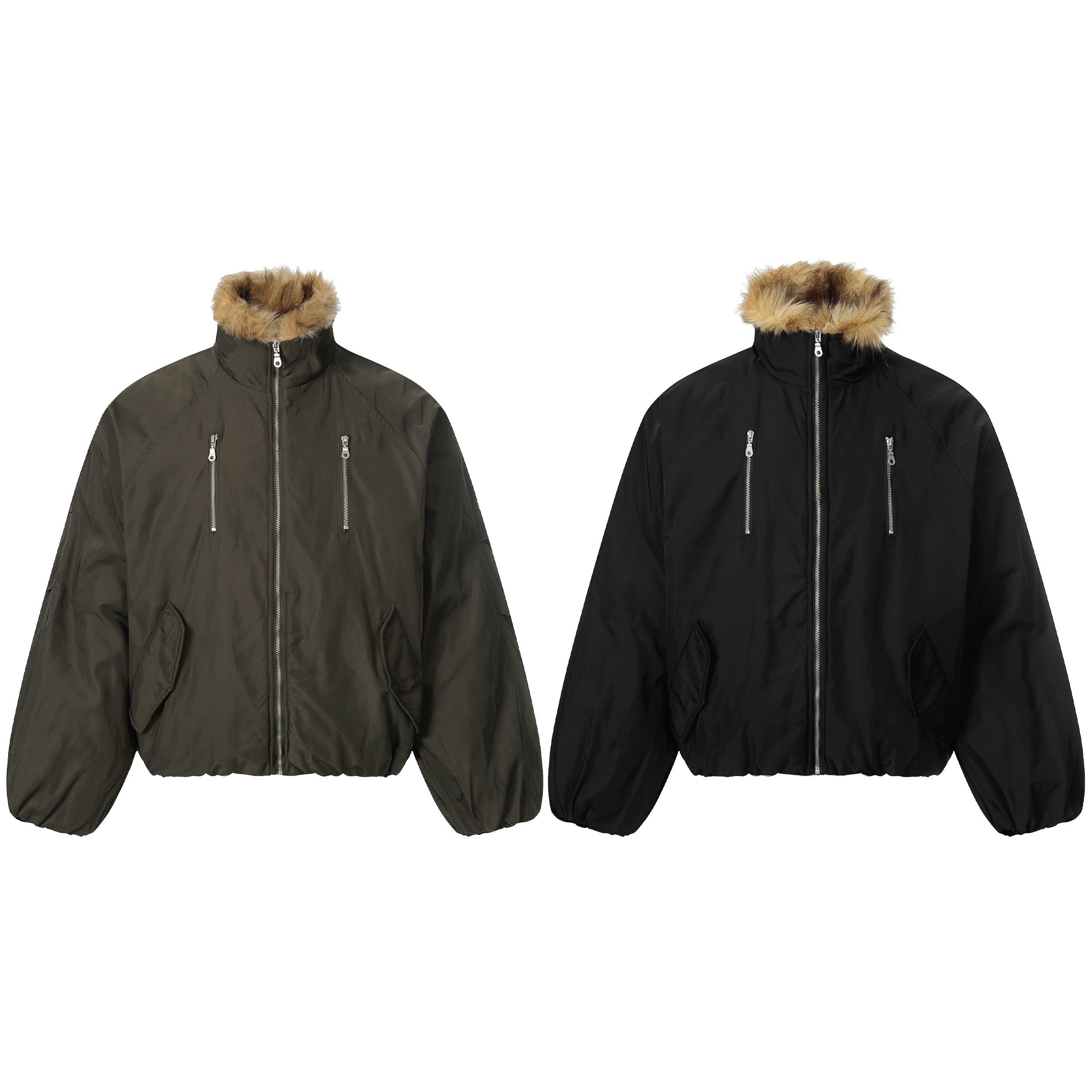 Oversized faux fur collar bomber jacket shown in olive green and black colorways, front view on white background