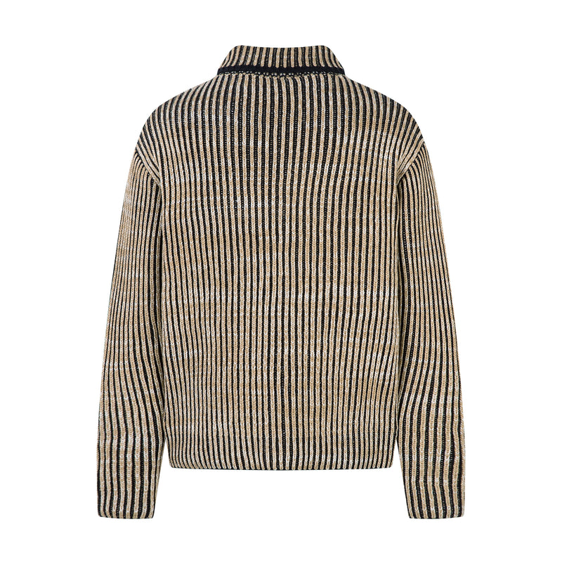 Men's striped ribbed texture full-zip jacket, back view in beige, black, and white