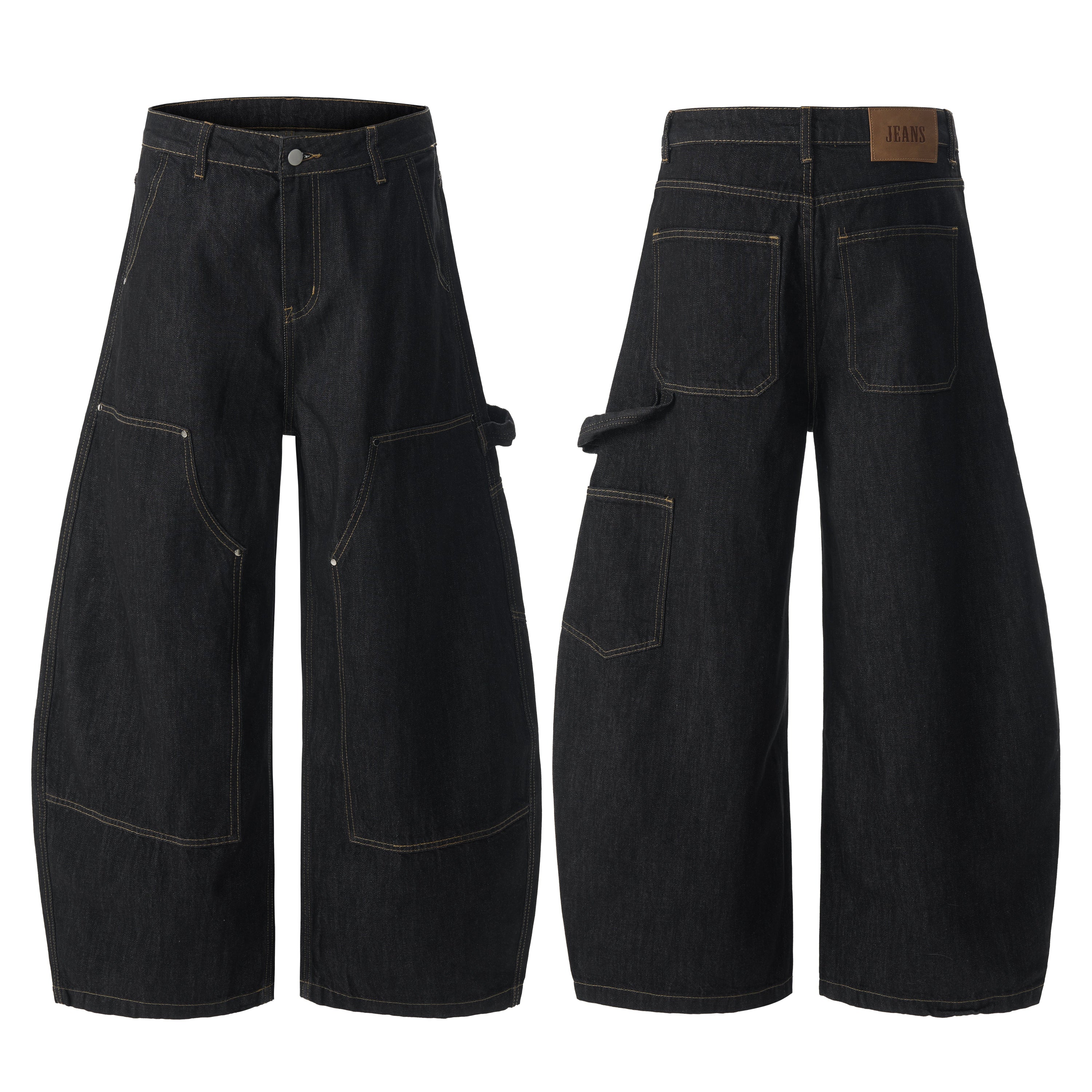 Front and back view of dark wash wide-leg carpenter denim pants with contrast stitching and utility pockets