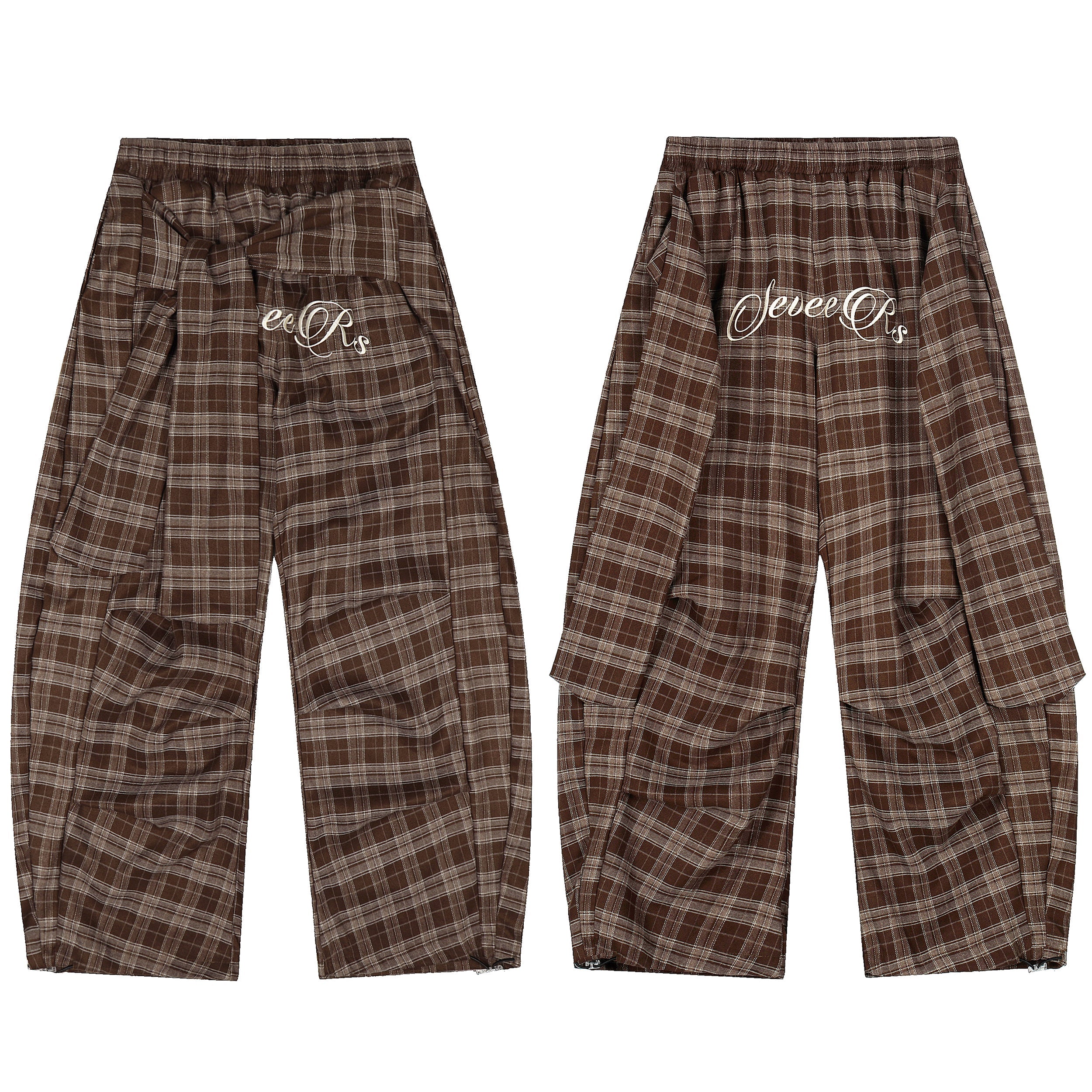 Front and back view of brown plaid wide-leg pants with script embroidery and layered side panels on white background
