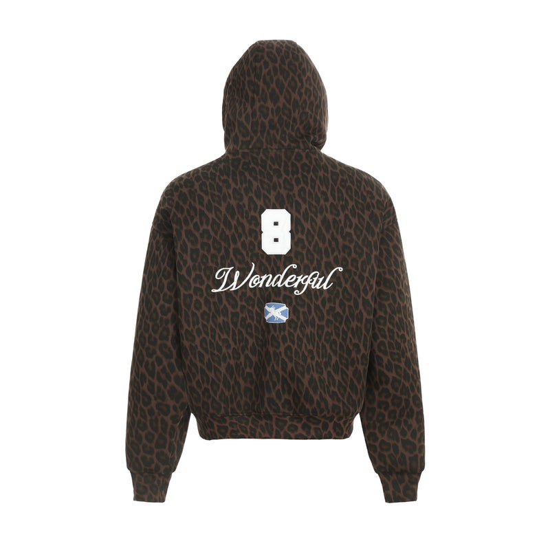 Back view of brown leopard print zip hoodie with white "8" and script graphic