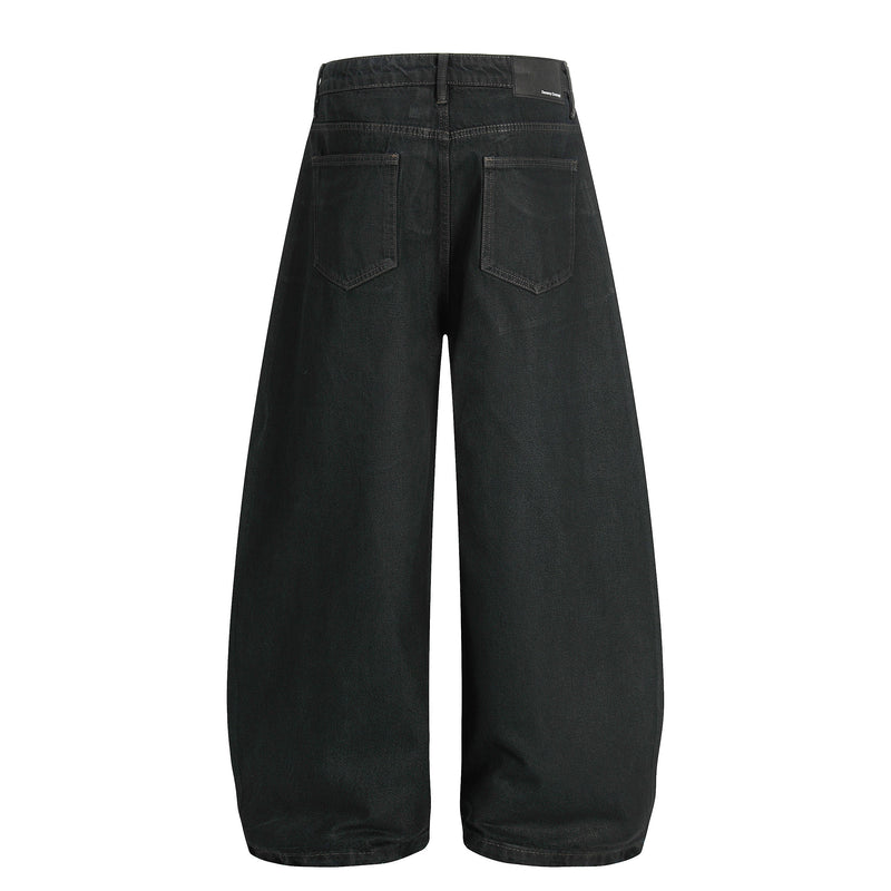 Black denim pants back view with patch pockets and wide straight hems