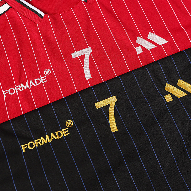 Red and black pinstripe soccer jerseys with number 7, FORMADE logo, and athletic V-neck collar detailing