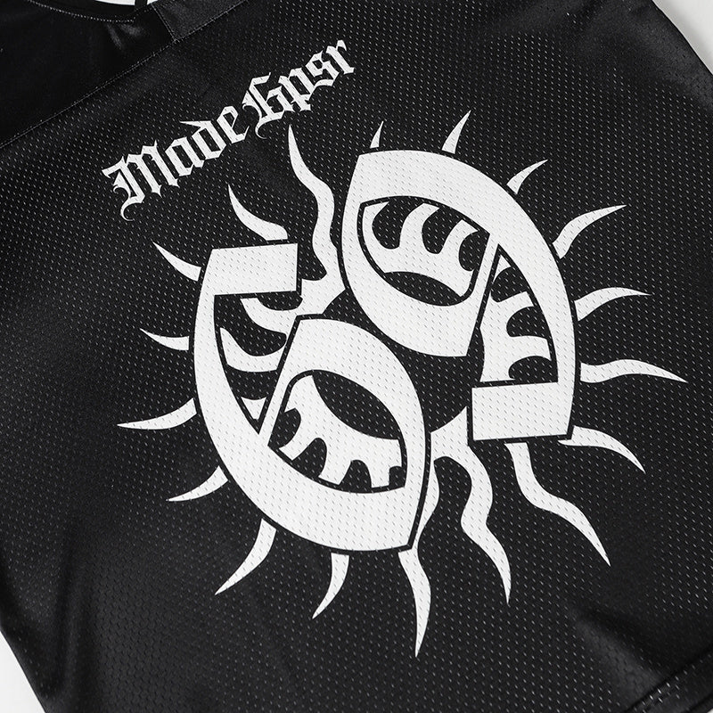 Black mesh football jersey with a bold white solar emblem graphic and gothic-style lettering on the chest