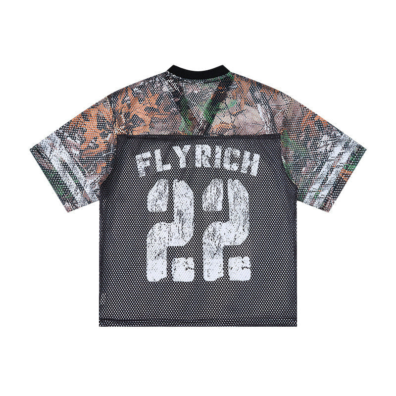 Seakoff Fly Rich 22 camo mesh jersey T-shirt with black body, camouflage sleeves, and bold front graphic print