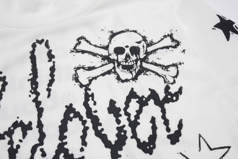 Close-up of white top chest graphic with skull and distressed lettering