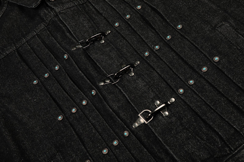 Metal Buckle Pleated Black Denim Jacket | Cropped Boxy Fit