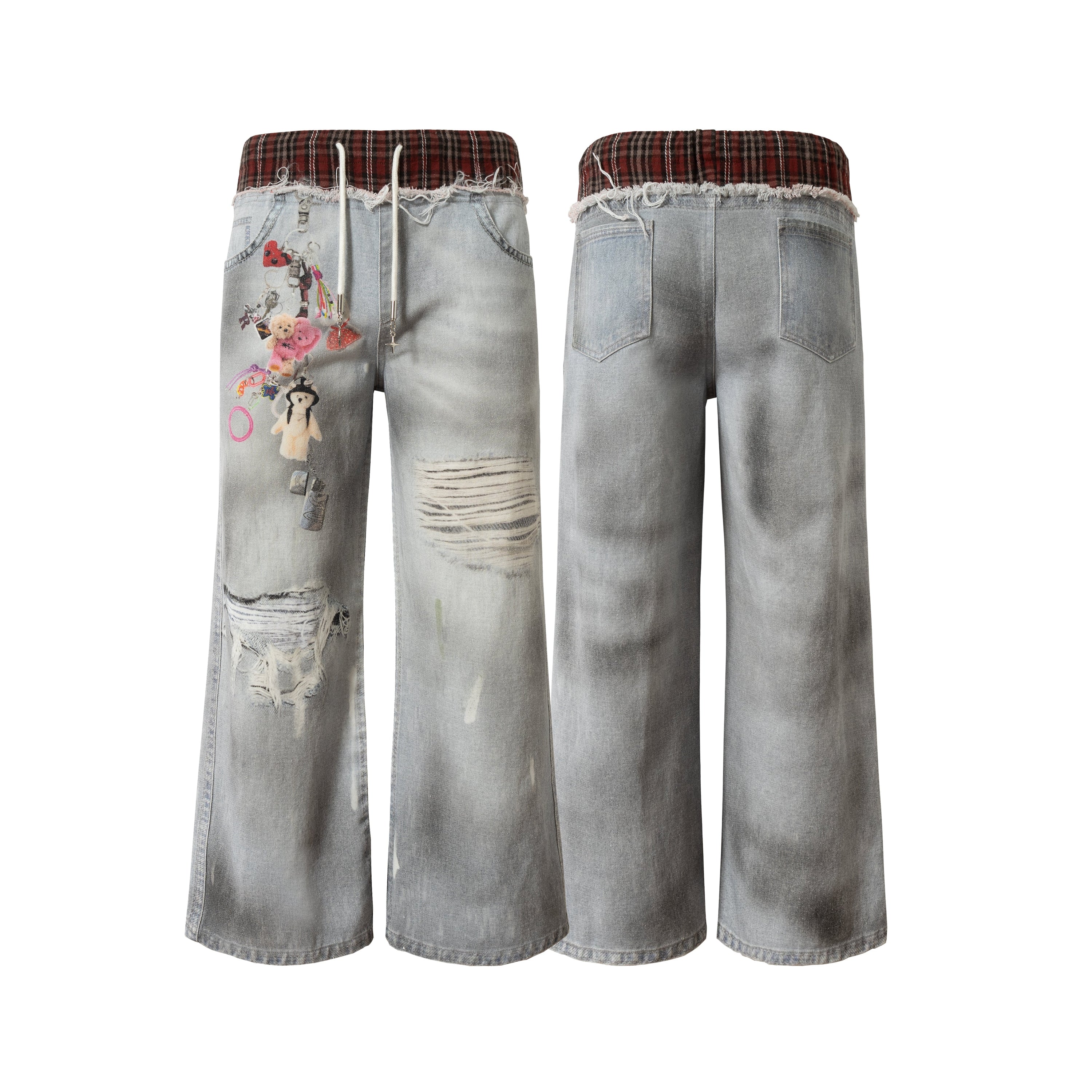 Front and back view of grey distressed wide-leg denim jeans with red plaid waistband and decorative plush charms