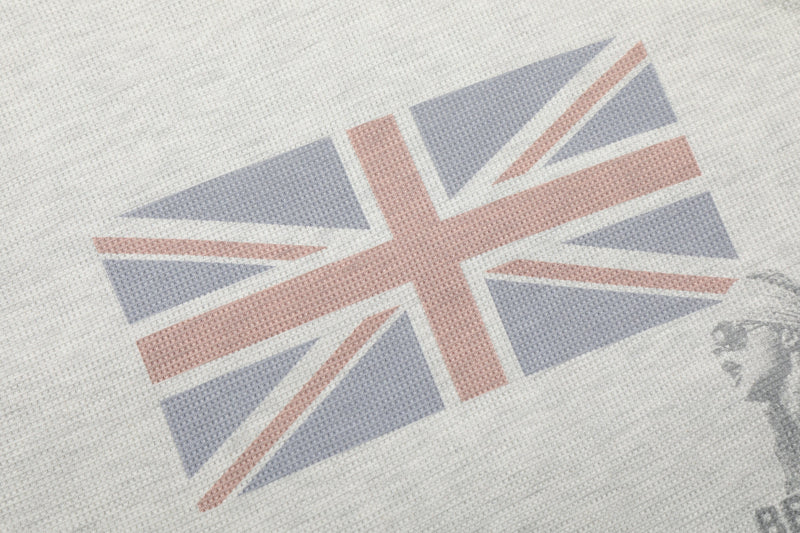 Close-up of Union Jack print on light gray waffle knit long sleeve tee