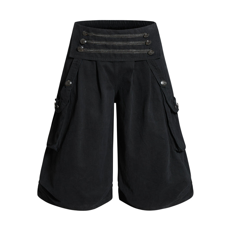 Black cargo shorts front view with wide legs, flap pockets, and decorative button trim at the waist