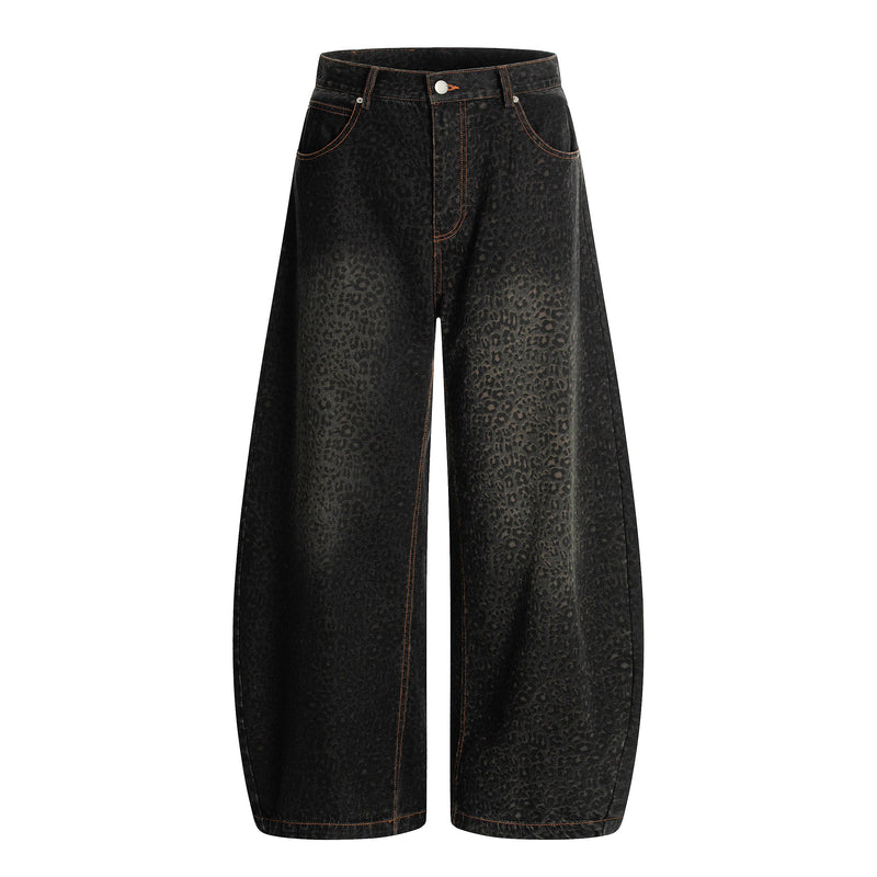 Black leopard print wide-leg jeans, front view