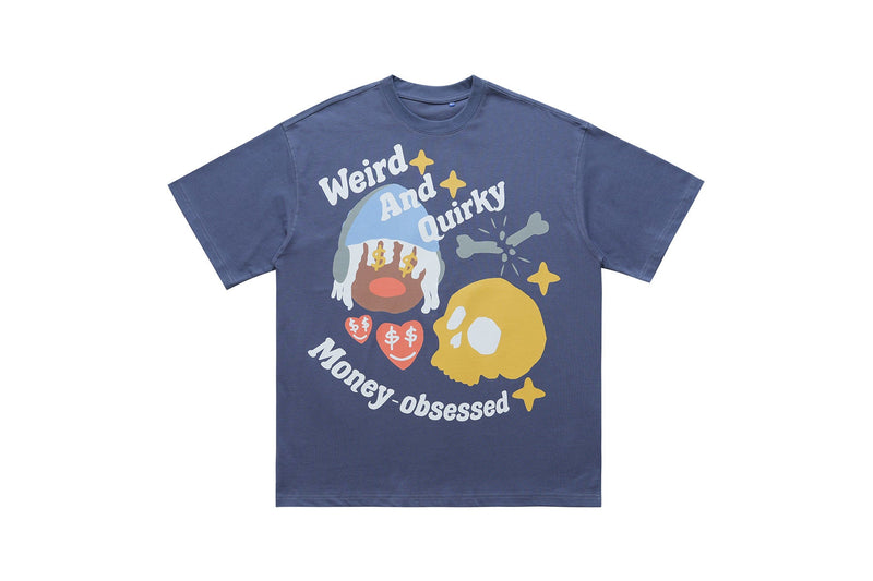 Blue graphic tee with weird and quirky money-themed artwork, skulls, stars, and bold streetwear text print
