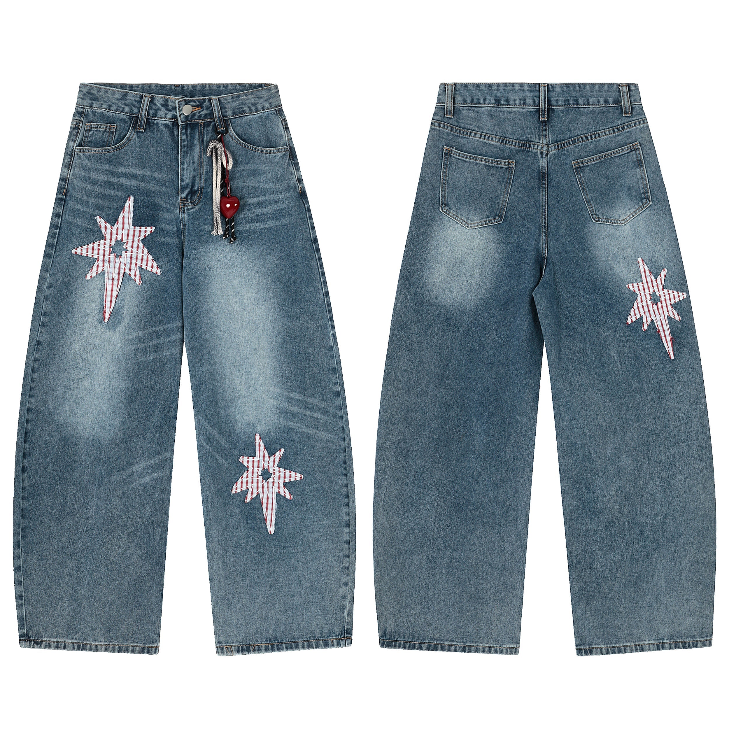Front and back view of blue vintage wash wide-leg jeans with red and white gingham eight-pointed star patches and rope heart