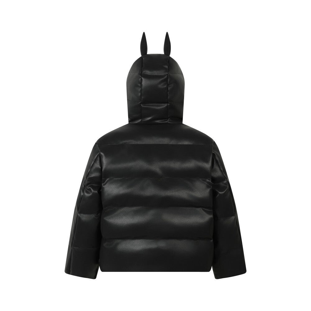 Omirad PU Gloss Bat-Ear Hooded Puffer Jacket | Black