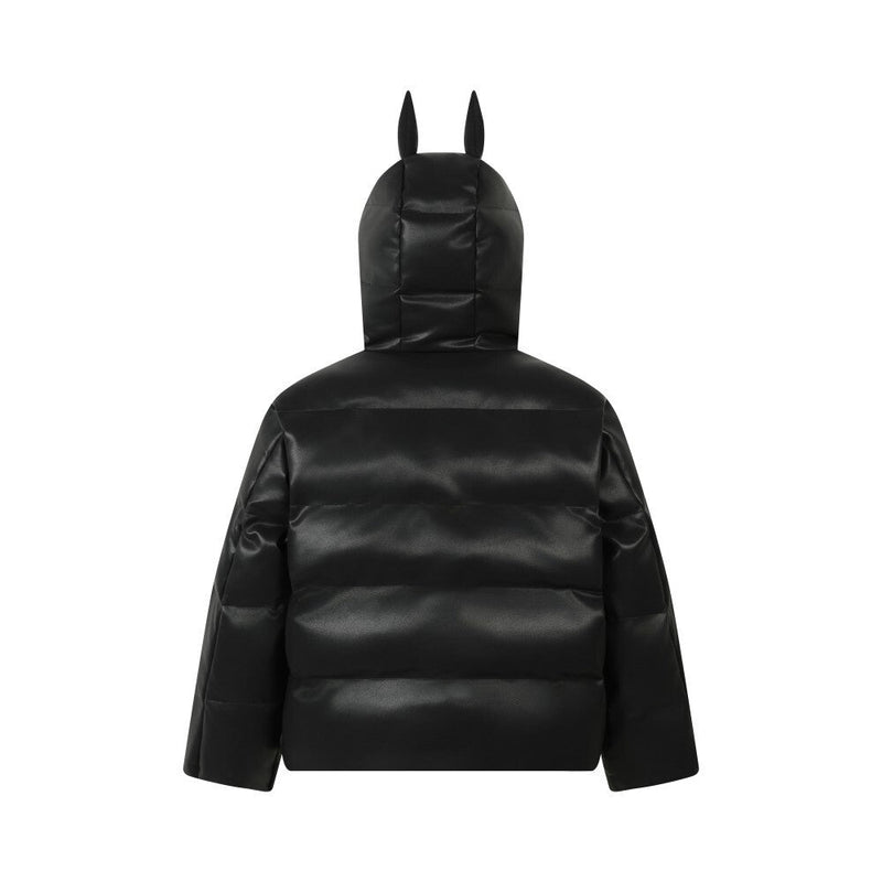Omirad PU Gloss Bat-Ear Hooded Puffer Jacket | Black