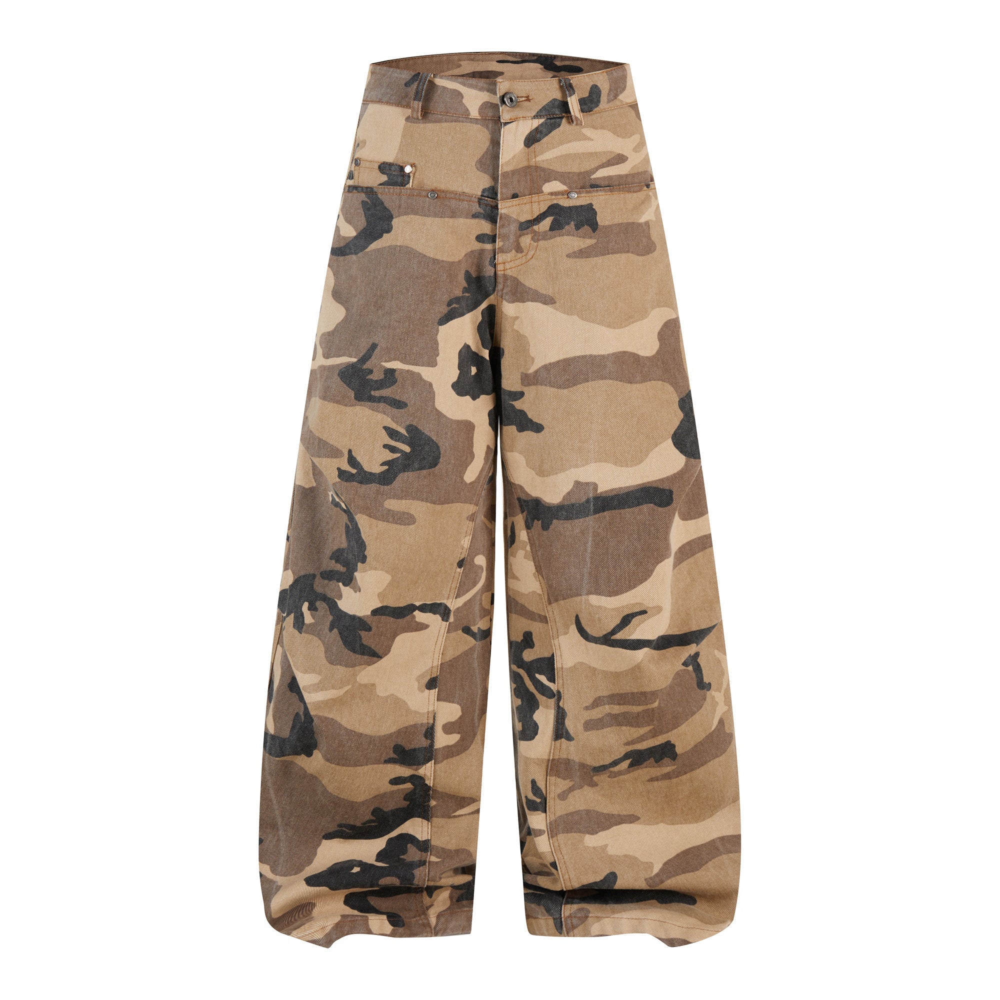 Front view of wide-leg desert camouflage barrel jeans in tan, brown, and charcoal on a white background