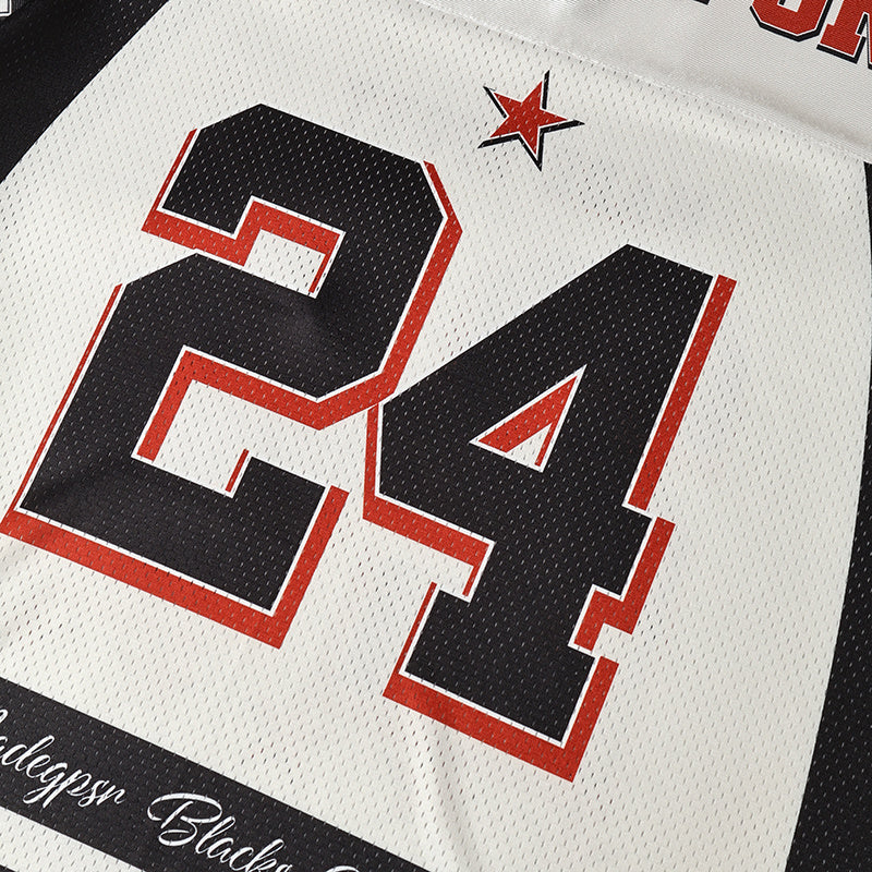 White football jersey with bold black 24 numbers, red trim, and star detail on textured mesh fabric
