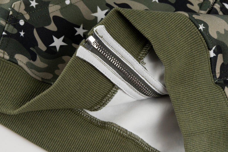 Close-up of sleeve cuff and zipper lining on camo zip hoodie