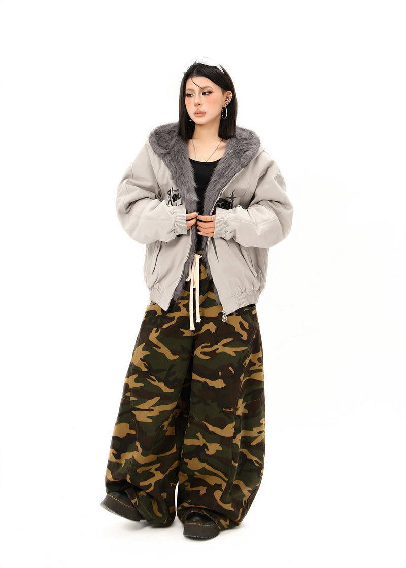 Faux Fur Collar Quilted Bomber Jacket | Streetwear Graphic