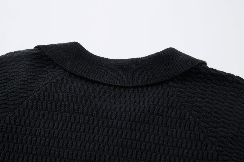 Close-up of ribbed black polo collar on a knit sweater