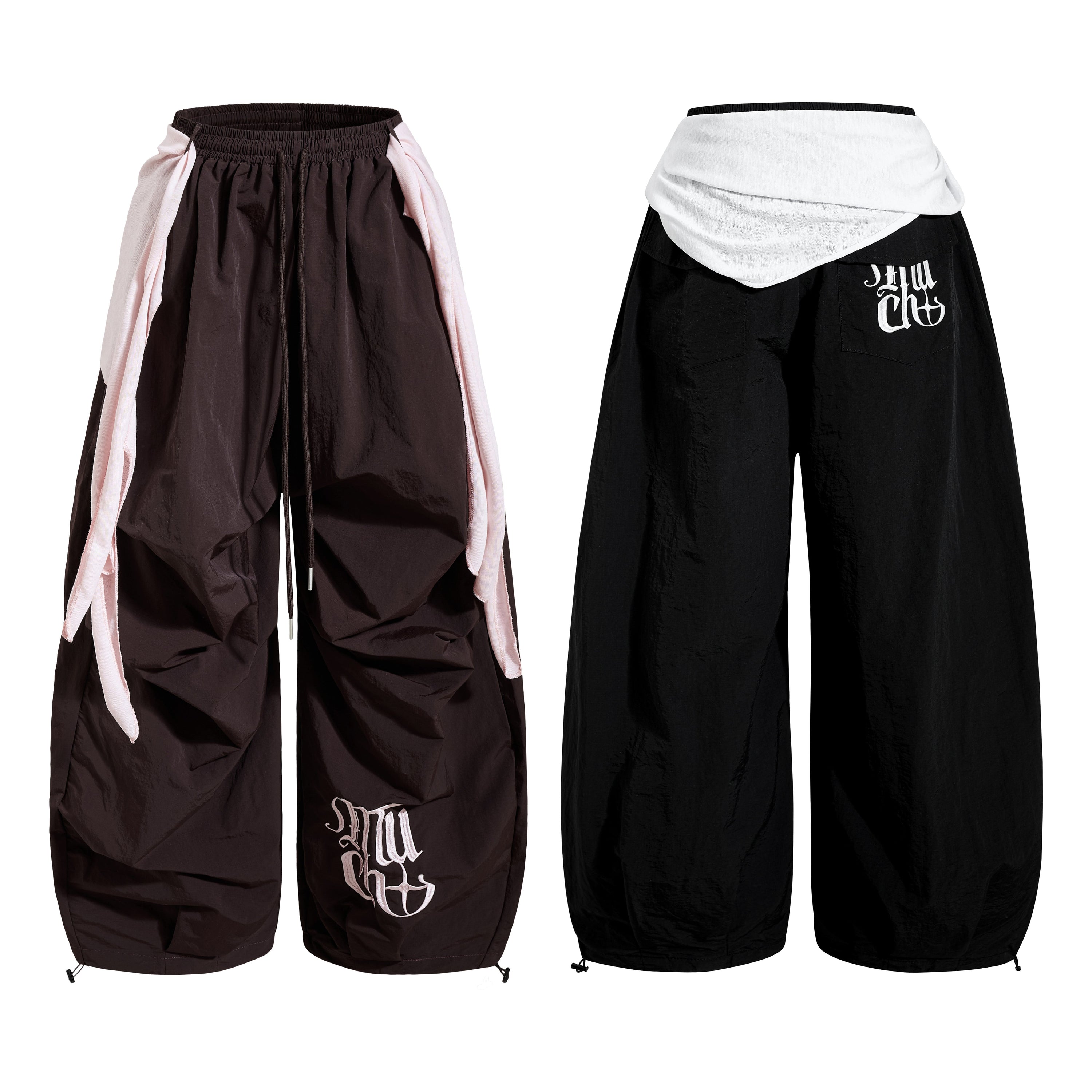 Dark brown wide-leg nylon pants with pink draped side panels and gothic embroidered logo, front and back view